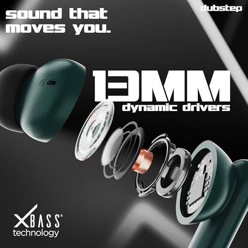 Image of Dubstep Buzz X7 in-Ear Wireless Earbuds with Up to 56 Hours Playtime, 13mm Dynamic Drivers, X-Bass Technology, ENC Mic, Bluetooth 5.3, Dual Music /Game Mode, Type-C Fast Charging (Green)