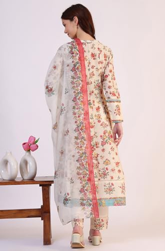 Image of W for Woman Reef Blue Floral Printed Modal Straight Kurta, Pants and Dupatta Set