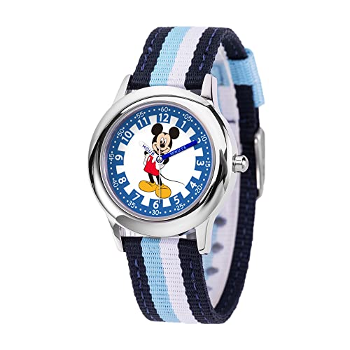 Reloj analógico de acero inoxidable Disney Mickey Mouse para niños con correa azul de nailon