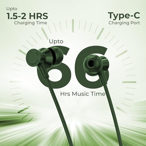 Image of RD Telinet M-15 Jolt Wireless Bluetooth Neckband Earphones, 66H Playtime, 15mm Dynamic Drivers, Bluetooth v5.3, ENC Calling, Dual Pairing, Fast Charging, IPX5 Water Resistant, Deep Bass - Green