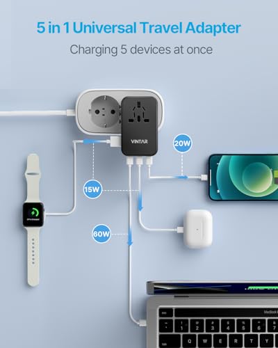 Image of Universal Travel Adapter, VINTAR 100W GaN International Power Adapter with 3 USB C PD and 1 USB A QC, All in One Plug Adapter, Travel Adapter Worldwide for EU /UK /USA /AUS(Type C /G /A /I)