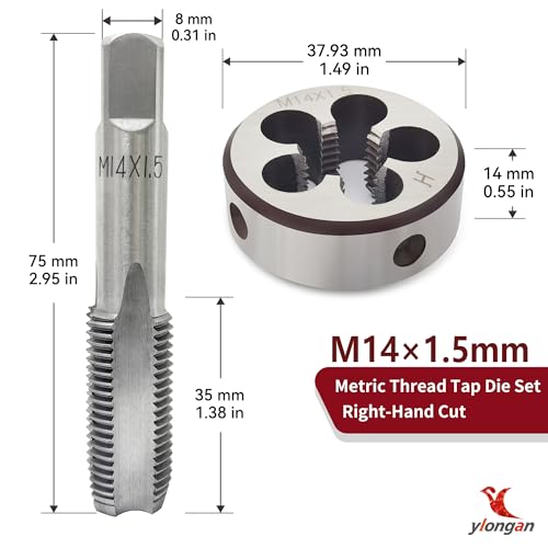 Image of M14X1.5 Tap and Die Set, Metric Right Hand M14 x 1.5 Tap Die Set, 14 x 1.5mm High-Speed Steel Thread Milling Tap and Die Suitable for Various Metals, M14 Thread Tap and Round Thread Die Tool