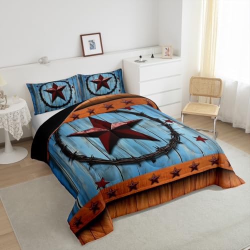 Image of Red Western Texas Star Bedding Set Rural Country Farmhouse Comforter Set for Kids Boys Girls Rustic Wooden Board Comforter Vintage Brown Blue Duvet Set Room Decor Quilt Set Twin Size