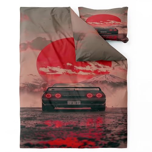 QEODAH Jdm Duvet Cover Double - Japanese Race Car Bedding Set of 3 - Reversible Printed Quilt Cover and 2 Pillowcases - 110gsm Soft Brushed Microfiber Bed Set with Zipper Closure