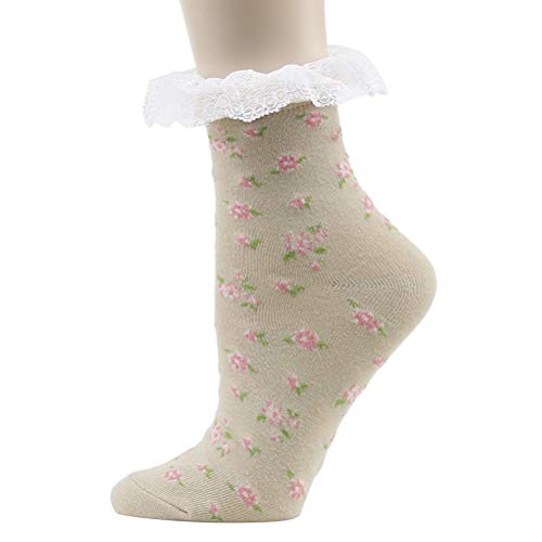 Image of KitNSox Funcat Women's Lace Ruffle Frilly Colorful Floral Cotton Casual Novelty Ankle Socks 4 /5 /6 Pairs