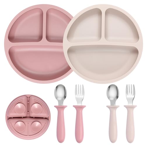Eascrozn 2 Pack Silicone Divided Baby Plates with Suction, 2 Pack Toddler Forks and Spoons Set, BPA Free, Baby Feeding Set for Toddler Utensils,...