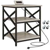 METYERRY Large Printer Stand with Power Outlet, with Height Adjustable Storage Shelf, 3 Tier Rolling Printer Cart with Industrial Wheels, 23.6 x 23.6 Inches Printer Table for Home Office, Greige