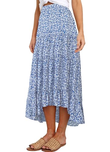 SimpleFun Women's Long Skirts Boho Floral Elastic High Waist Asymmetrical Hem Midi Skirt
