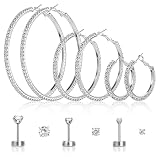 6 pares de aretes de aro de diamantes de imitación, 3/5/7 cm, aros redondos de cristal brillante con pequeños aretes de acero inoxidable con circonita cúbica para regalo de boda y fiesta
