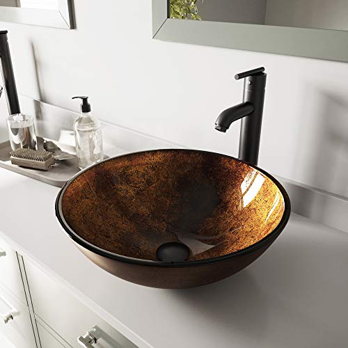 Vigo Vgt503 16.5" L -16.5" W -13.0" H Handmade Countertop Glass Round Vessel Bathroom Sink Set In Gold And Brown Fusion Finish With Matte Black Single-Handle Single Hole Faucet And Pop Up Drain #TOP17