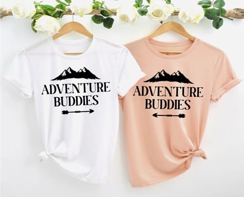 Couples Adventure Buddies T-Shirt, Matching Mountain Outfit for Women, Hiking Camping Tees, Vacation Camper Shirt, Forest Casual Print Short Sleeve Tops, Travel Clothes4