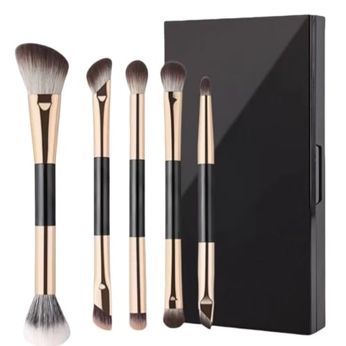 Double-ended Eyeshadow Brushes, Makeup Brush Set. It includes angled foundation brushes, nose contour brushes, facial contour brushes, eyebrow brushes, eyeliner brushes, and blending brushes. This 5-piece golden travel makeup brush set comes in a box with a portable compact mirror.