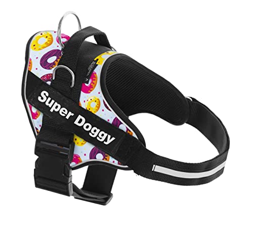 Arnés de Perro Ajustable y Reflectante - Tamaño Pequeño, Mediano, Grande - Incluye 2 Etiquetas Intercambiables - Material Resistente, Transpirable y Duradero (L 21-32KG, Donuts) Cover