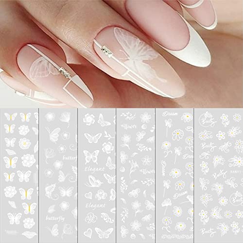White Nail Art Stickers Charming Flowers Nail Decals Transparent Butterflies Nail Stickers For Nail Art Perfect Floral Nail Accessories 3D Self-Adhesive Design Nail Decoration For Women 6 Sheets #TOP4