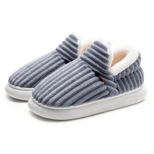Drecage Womens Fuzzy Slippers Mens, Fleece Lined House Slipper for Ladies, Extra Plush Warm Indoor Outdoor Slippers with Heel Cover & Non-Slip Sole, Cozy Memory Foam Home Shoes Grey 44-45