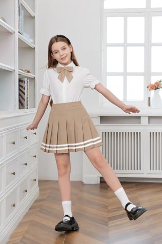 Image of Betusline Girls Skirt Set JK School Uniform 2-Piece Outfit - Short Sleeve Shirt with Bow & Pleated Skirt 4T-14Y