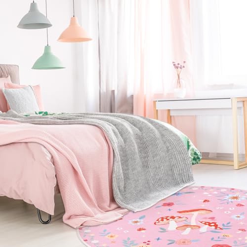 Acetiamin 4' Machine Washable Round Area Rug, Non-Slip Vintage Floral Circle Floor Rugs for Kids, Low Pile Room Carpet for Living Room, Bedroom, Dining Room & Nursery(4' Pink Mushroom) — view 4
