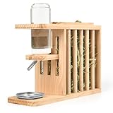 PESNLO Small Animals Hay Rack with Height-Adjustable Water Bottle.Natural Wood. Wooden Bunny Hay Holder Feeder for Rabbit, Guinea Pig, Hamster, Hedgehog, Chinchillas