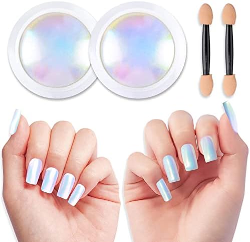 BISHENGYF Mermaid Chrome Powder 2 Jars, Unicorn Glitter for Nails Pearlescent Effect, Ultra-fine Smooth Iridescent Aurora Wite Pearl Chrome Dust 0.5g/Jar for Nail Art with 2Pcs Sponge Applicators
