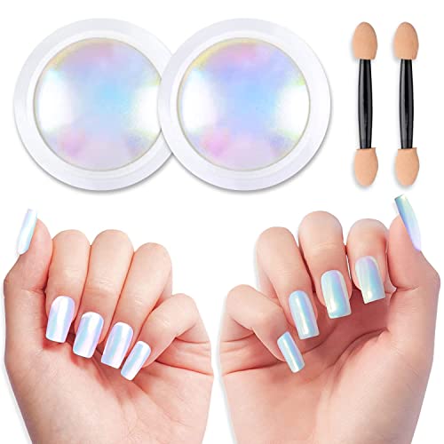Bishengyf Mermaid Chrome Powder 2 Jars, Unicorn Glitter For Nails Pearlescent Effect, Ultra-Fine Smooth Iridescent Aurora Wite Pearl Chrome Dust 0.5G/Jar For Nail Art With 2Pcs Sponge Applicators #TOP19