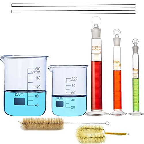 ASHLGQB 2 Vaso de Vídrio Graduado (100ml, 200ml), 3 Cilindros de Medición con Tapón (10ml, 25ml, 50ml), 2 Varillas Agitadoras y 2 Cepillos de Limpieza, Suministros de Cocina de Lab Transparentes