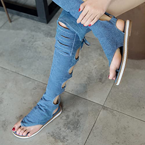 Holibanna Womens Flats Summer High Knee Boot Hollowed Out Flip Toe Beach Sandals For Women Roman Outdoor Cool Gladiator Sandals Blue Size 7. 5Us 5Uk 38. 5Eu Sandalias Para Mujer #TOP5