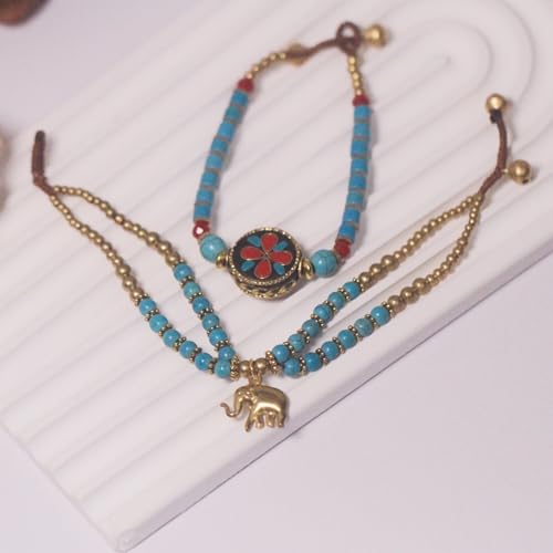 Petite Adjustable Boho Bracelet for Small Wrists 6-7.5 Inch - Handmade Nepalese Buddhist Prayer Bracelet with Elephant Charm, Brass Bell, Turquoise Stone & Tibetan Mantra Beads, Spiritual Lucky Gift3