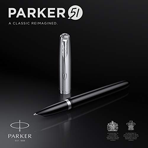 Image of Parker 51 Fountain Pen | Black Barrel with Chrome Trim | Fine Nib with Black Ink Cartridge | Gift Box