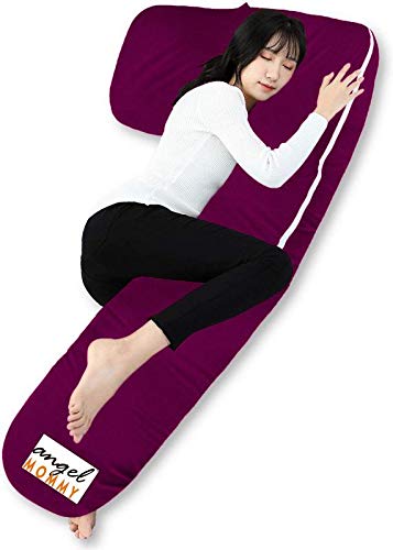 Angel Mommy Pregnancy Body Pillow with Cotton Zippered Cover, L Shaped Full Body Pillow for Pregnant Women (Wine)