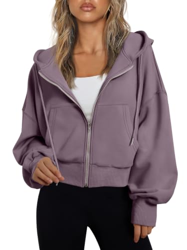 Image of Trendy Queen Womens Zip Up Hoodies Cropped Jackets Fall Outfits 2026 | lightweight comfort material, slouchy drop shoulder, casual travel winter clothes with pockets, airport workout athletic