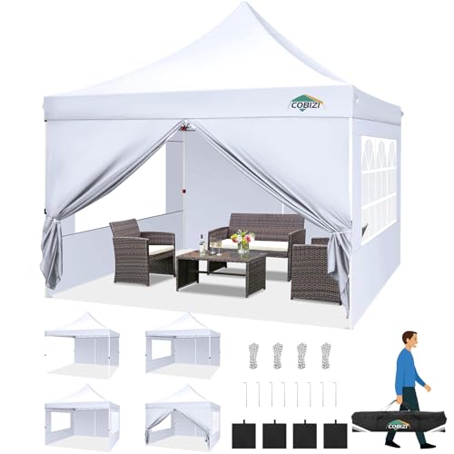 COBIZI 10x10 Pop Up Canopy with 4 Removable Sidewalls, Easy Set Up Canopy Tent, Waterproof Instant Party Tents for Weddings & Parties, UPF 50+ UV Protection, 3-Height Adjustable Frame,White