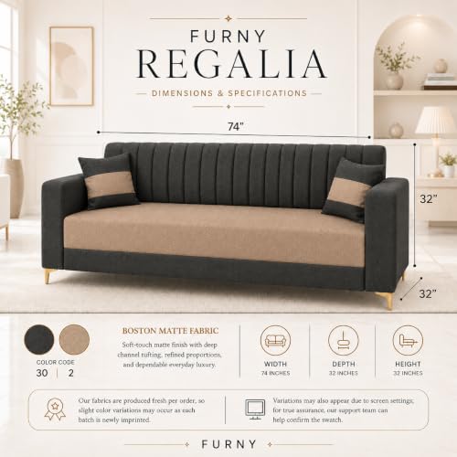 Image of FURNY Signature Regalia 3 Seater Sofa Set | Boston Fabric | 40D Foam + Zigzag Spring | 3-Yr Warranty (Ash Grey & Warm Beige) | Modern Living Luxury Sofa Set for Home, Office & Hotel Spaces