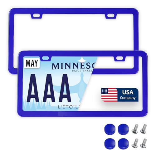 Image of Premium Slim Blue License Plate Frames - 2 Pack, Rust-Free Stainless Steel & Rattle-Free, Street Legal, Universal with Screw Caps, Thin Metal Front & Rear Car Tag Holders Unisex