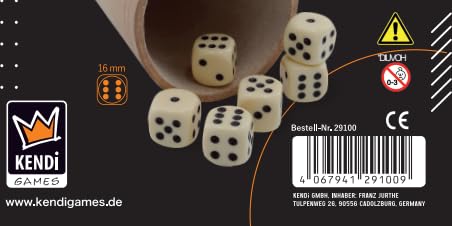 KENDi GAMES Qualitäts Würfelbecher - echt Leder - Höhe 9 cm - Durchmesser 7cm - Set mit 6 elfenbeinfarbigen Würfeln und Kurzanleitung - Play: TOOSMASTER