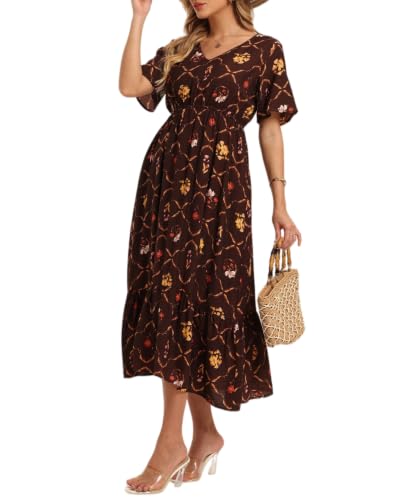 Image of Women's Summer Short Sleeve Maxi Floral Flowy Dresses with Pockets