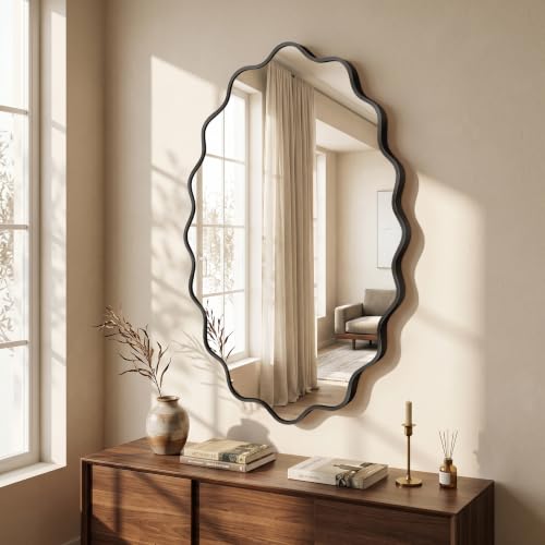 Image of Black Oval Wall Mirror, 24 inch x 36 inch Wavy Bathroom Mirror for Wall with Brushed Alloy Steel Frame&Shatter-Proof Glass, Hanging Decorative Wall Mirrors for Bathroom Sink, Bedroom, Entryway