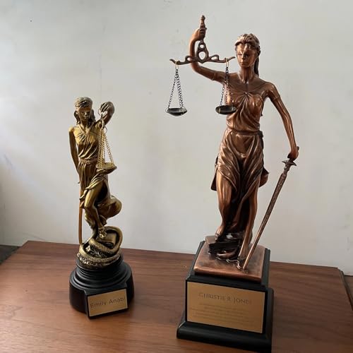 Lady Justice Trophy Desk Decor – Scales of Justice Statue, Custom Engraved Plate, Resin Figurine 13.5