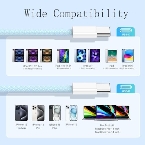 Image of Original USB-C to C Type Braided 1M Fast Charging Cable Compatible for iPhone 16 /16 Pro /Max /15 /15 Pro /Max /Samsung Galaxy S24 /S23 /S22 /S21 /iPad & More Blue
