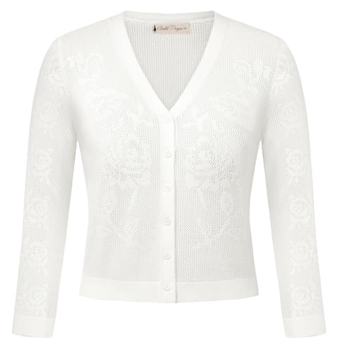 Image of Belle Poque Womens Summer Cropped Cardigan Sweaters Lightweight Crochet Bolero Shrugs 3 /4 Sleeve Button Down V Neck Cardigans