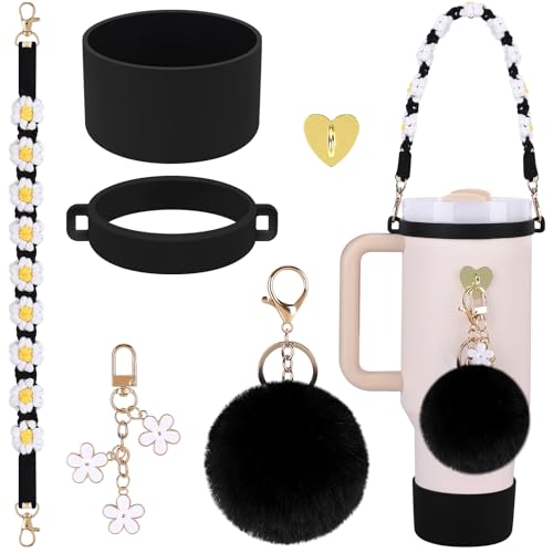 Accmor 6PCS Stanley Cup Accessories Set, Including Water Bottle Handle Strap, Silicone Cup Boot Base Protector, Keychain & Charms for Stanley Cup 40oz & 30oz Tumbler, Black
