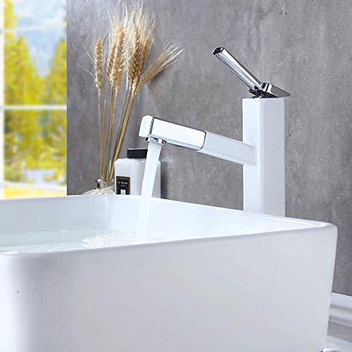 KAIYING Bathroom Pull Down Vessel Sink Faucet, Lavatory Single Hole Basin Sink Faucet with Pull Out Sprayer, Single Handle Utility Kitchen Mixer Tap with Rotating Spout (Tall, Chrome & White)