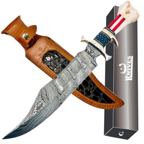 NoonKnives : Custom Hand Made Damascus Steel Collectible GUTT Knife Handle Material Bone USA Flag Acid Aching (Star)