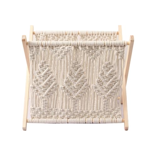 Portarevistas de macrame, cesta de almacenamiento tejida a mano | Soporte de pie para libros, periódicos, toallas, manta para pañales, elegante accesorio Boho para salón, dormitorio u oficina