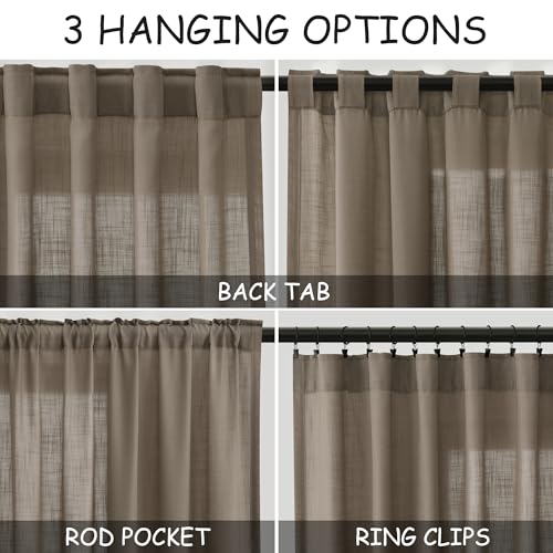 Image of Nanspring Dark Taupe Curtains 80 Inches Length for Living Room Back Tab Rod Pocket Semi Sheer Linen Drapes Muted Neutral Boho Linen Textured Window Curtain for Dining Room Bedroom 52X80 Inches