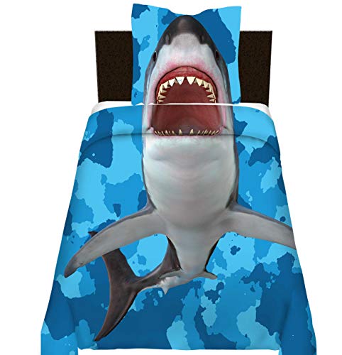 Double Shark Bedding Set,Blue Sea and Marine Comforter Set Ocean Theme Decor Soft Breathable Quilt Sets for Adult Kids ,Sea Animal Decor 3 Piece Underwater Bedding Duvet Cover with 2 Pillow Shams