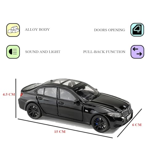 Image of 1:32 Scale B-M-W 320i Alloy Die-Cast Car Model with Door-Activated Light & Sound | Openable Doors, Hood & Trunk | Metal Toy Car for Kids & Collectors (No Pull Back) (Black Color)