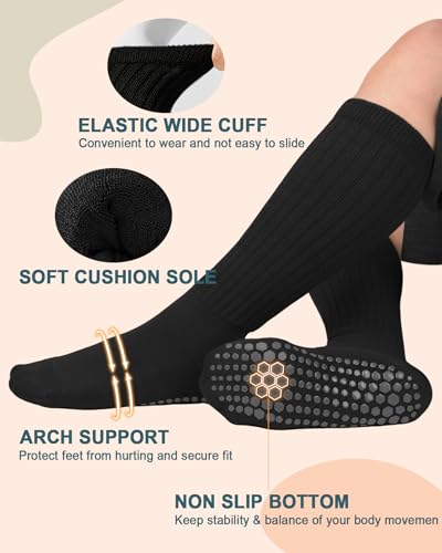 Image of yeuG Pilates Grip Socks for Women Yoga Slouch Socks with Grip for Barre Knee High Boot Socks Long Scrunch Black Socks