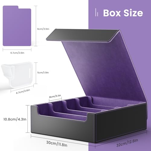 Flooyes Card Storage Box for Trading Cards with 4 Card Supporters, 3200+ MTG Deck Box with 24 Colorful Dividers, Commander Trading Card Storage Box with Viewing Windows for Magic Game Cards, Purple