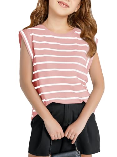 Image of Haloumoning Girls Cap Sleeve T Shirts Summer Striped Tank Tops Tees 4-14 Years