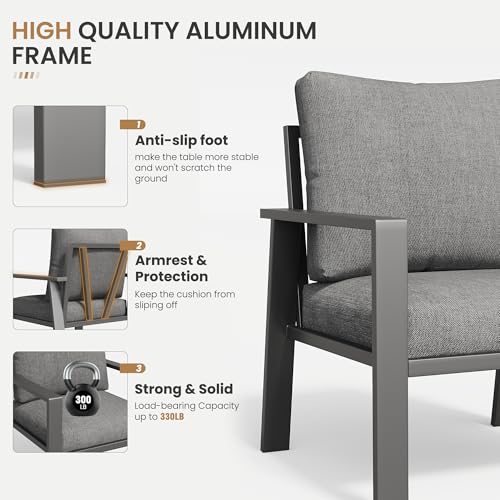 Image of Aluminum Patio Conversation Set with Coffee Table 5 Pieces Deck Outdoor Furniture 7-Seat All-Weather Rust-Proof Sectional Sofa Set with Removable Cushion for Backyard, Poolside & Small Spaces